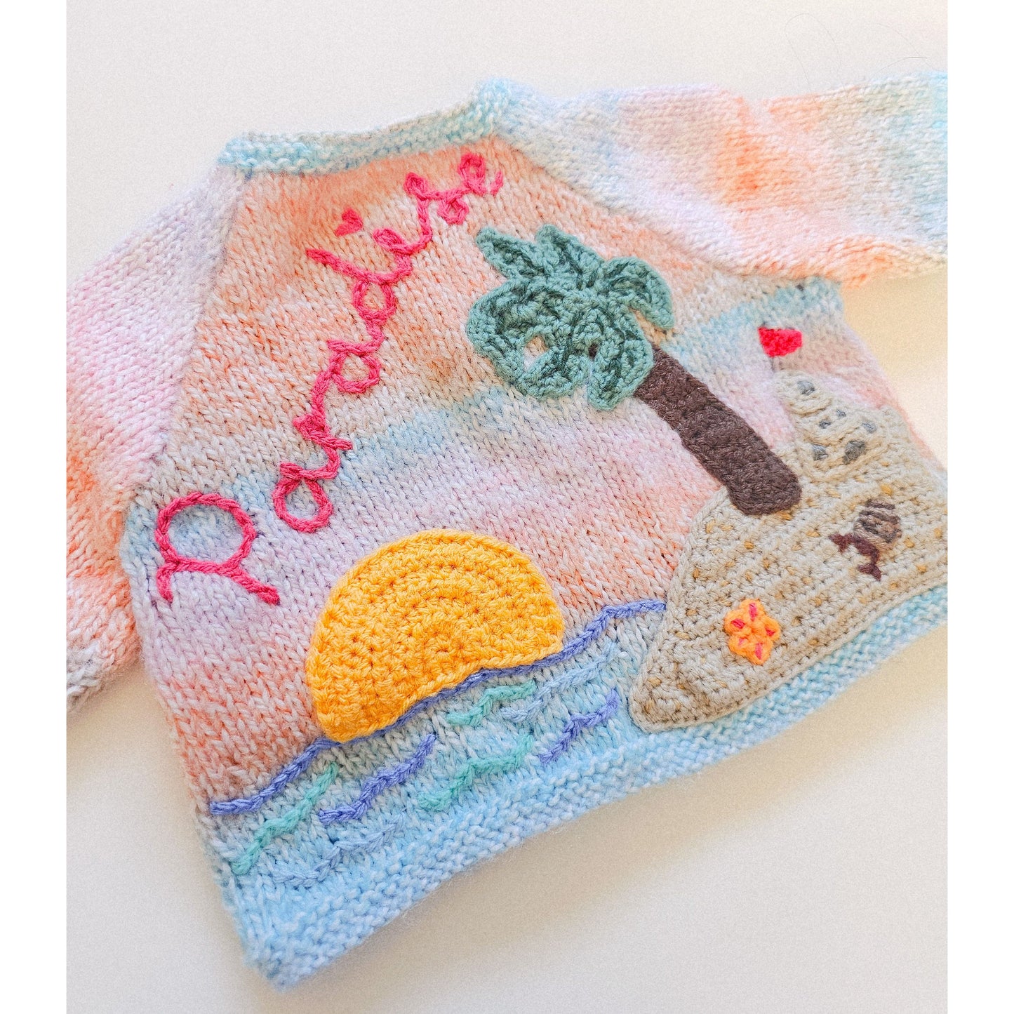 Paradise" Beach-Themed Hand-Knitted Cardigan (Age 3–6 Months)