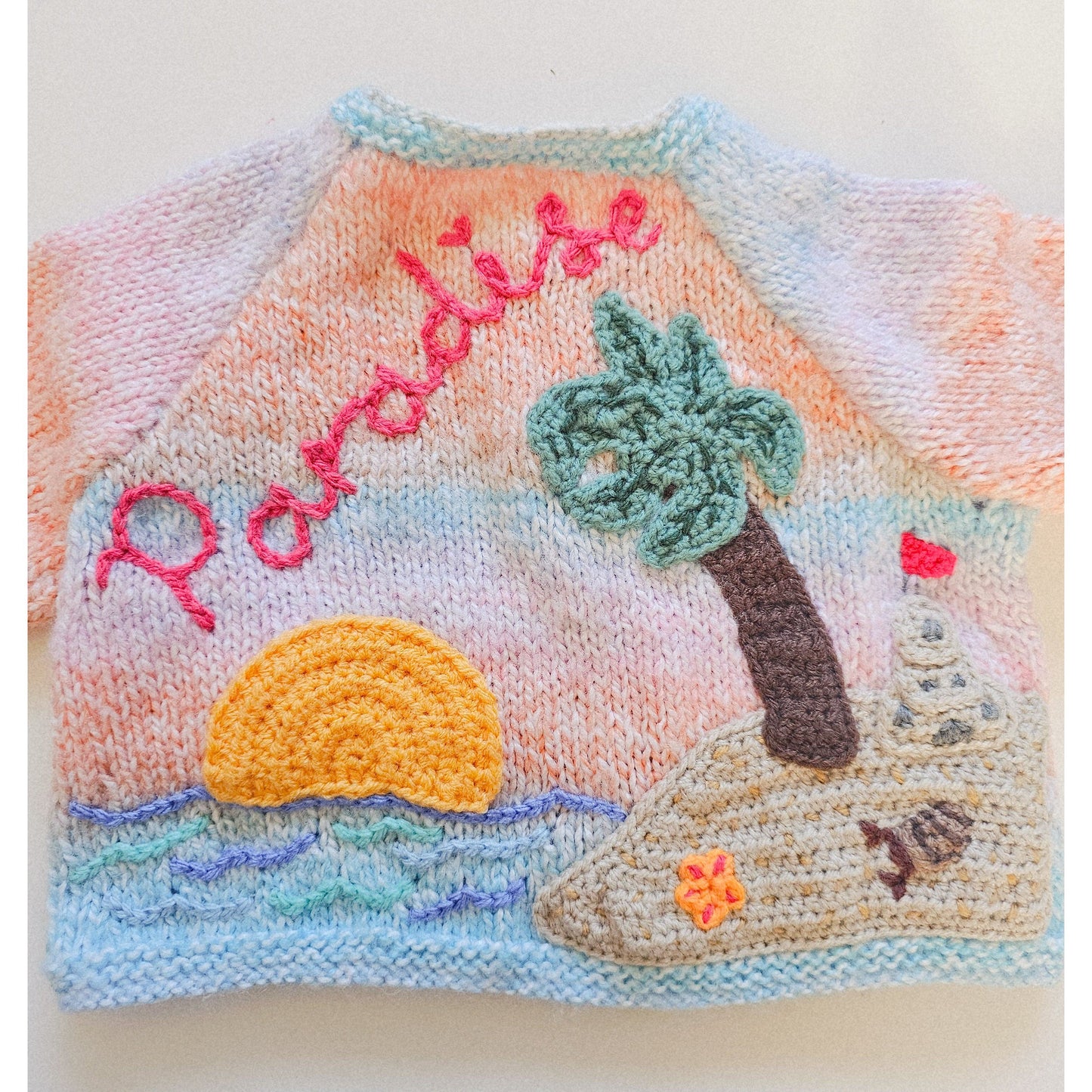 Paradise" Beach-Themed Hand-Knitted Cardigan (Age 3–6 Months)