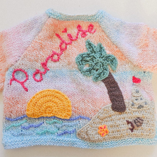 Paradise" Beach-Themed Hand-Knitted Cardigan (Age 3–6 Months)