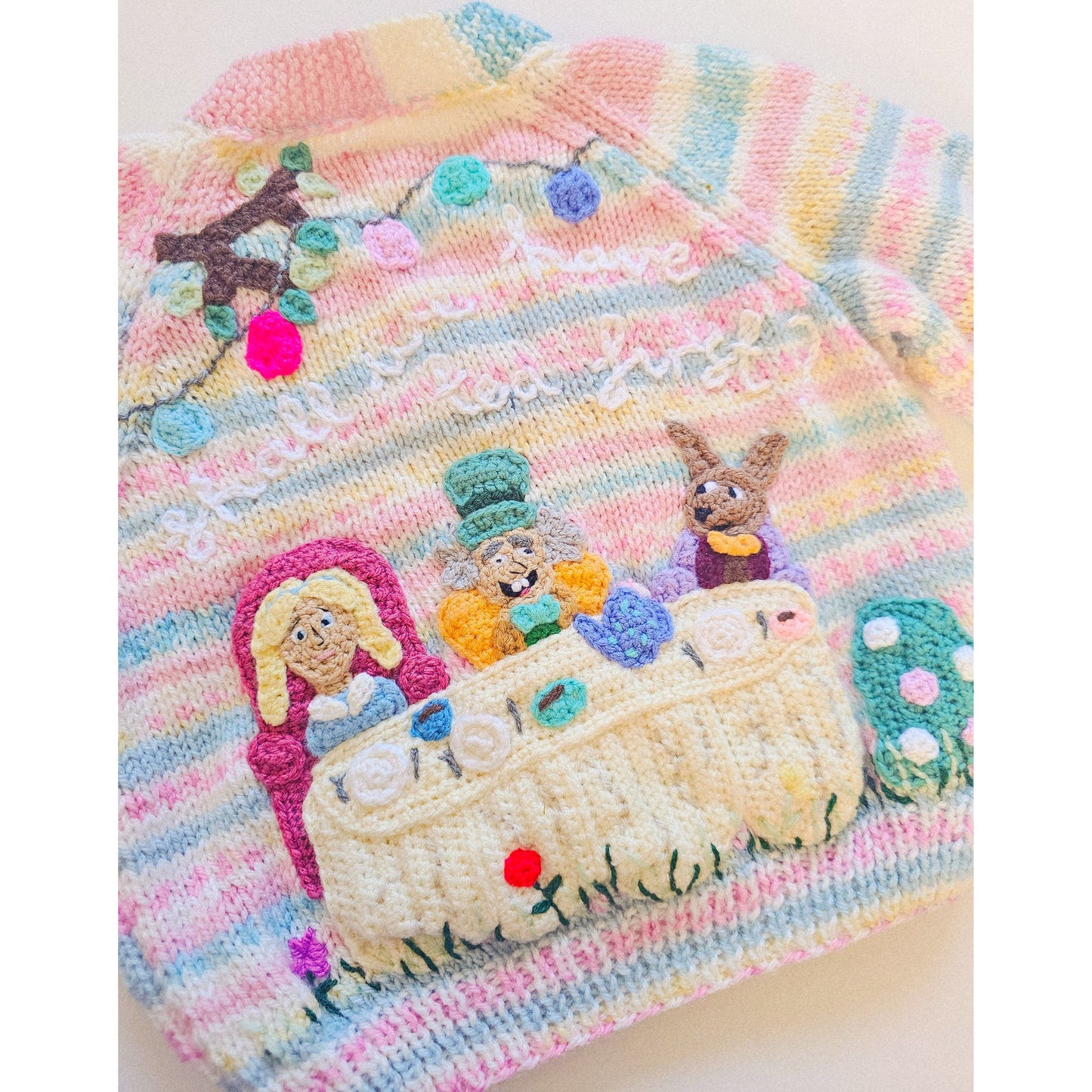 "Shall we have tea first?” – One of a Kind Alice in Wonderland Hand-Knitted Cardigan (Age 1–2 Years)