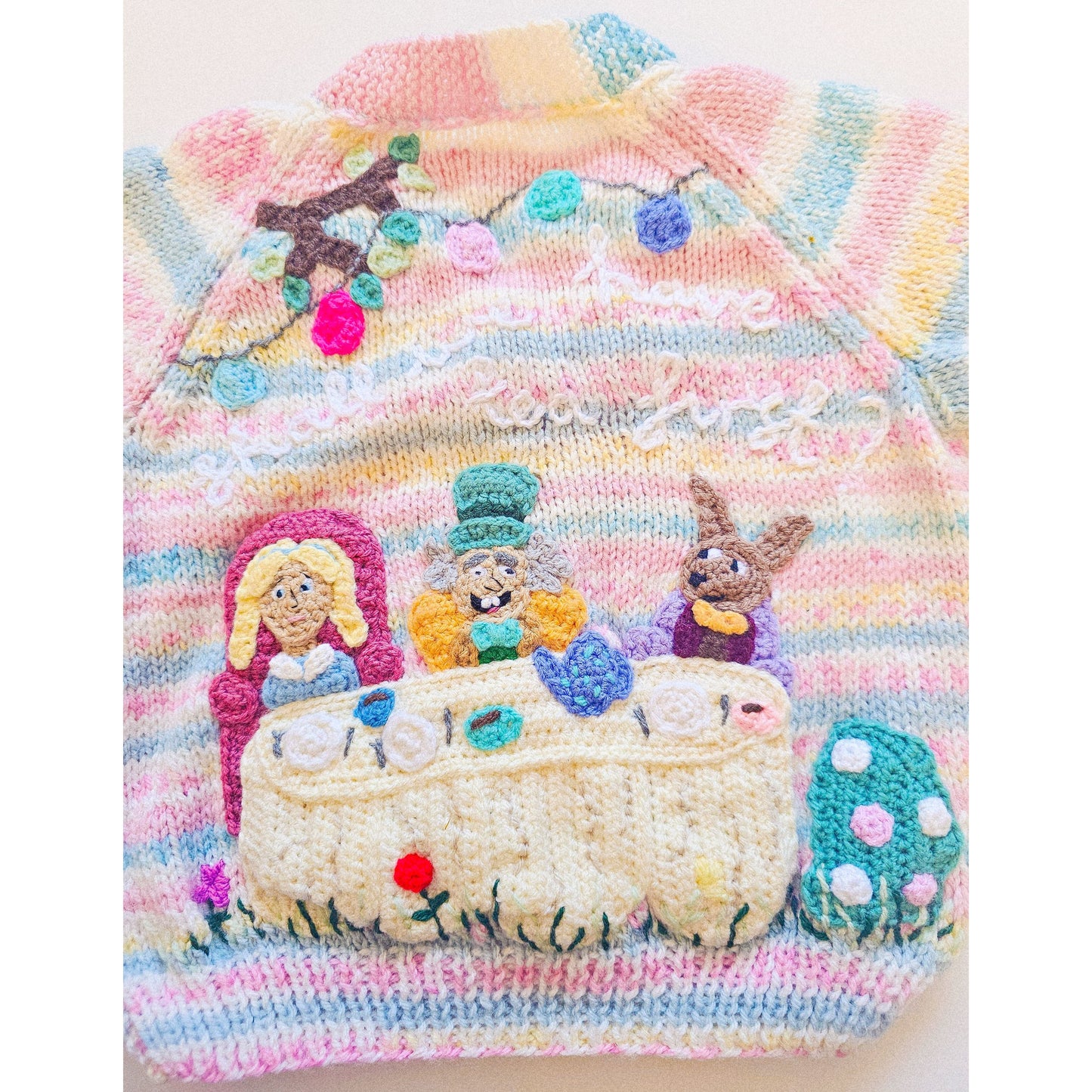 "Shall we have tea first?” – One of a Kind Alice in Wonderland Hand-Knitted Cardigan (Age 1–2 Years)