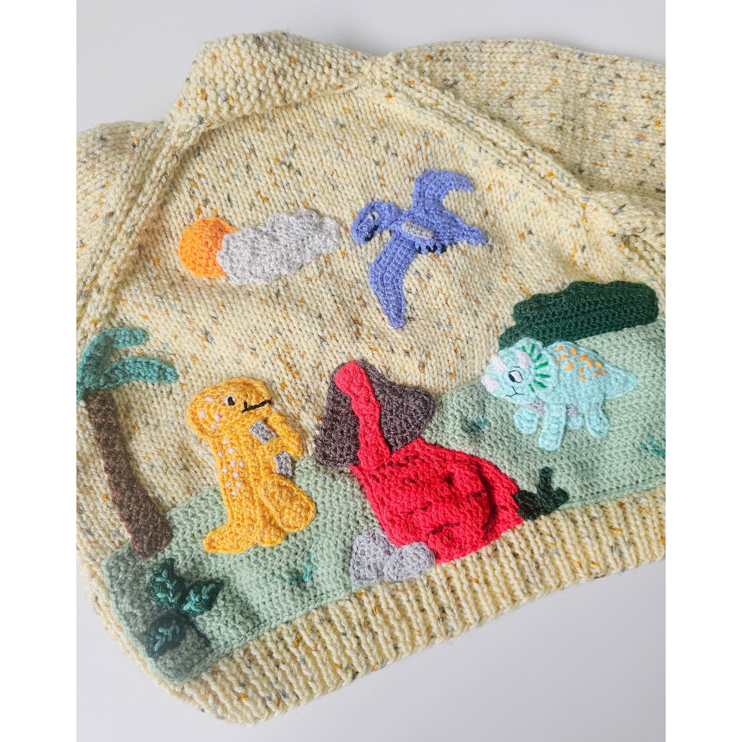 Dino Adventure Hand-knitted Cardigan (Age 2–3 years)