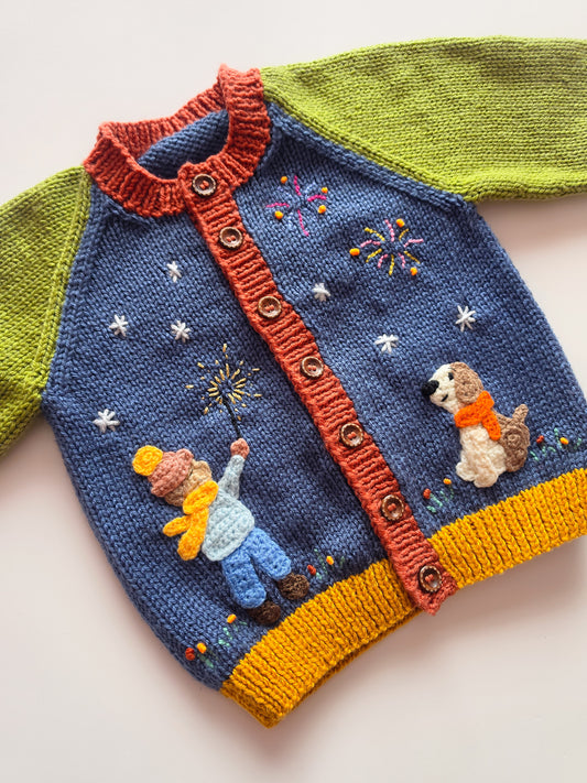 Sparks of Joy - Hand-Knitted Colourblock Fireworks Cardigan (Age 1-2 years)