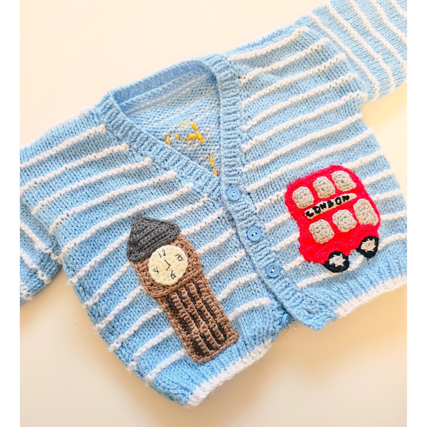 "Please Look After This Bear" – Hand-Knitted London Adventure Cardigan (Age 9–12 months)