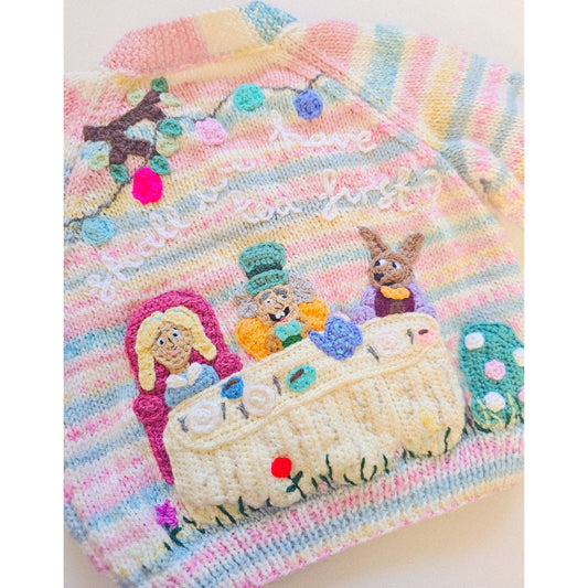"Shall we have tea first?” – One of a Kind Alice in Wonderland Hand-Knitted Cardigan (Age 1–2 Years)