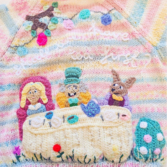 "Shall we have tea first?” – One of a Kind Alice in Wonderland Hand-Knitted Cardigan (Age 1–2 Years)