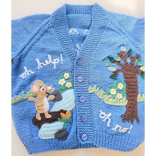 Oh help, oh no… it’s a Gruffalo!”
Hand-knitted Cardigan (Age 3–4 years)